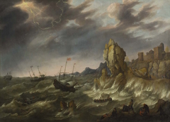 Ships on a rocky coast during a storm by Abraham Willaerts