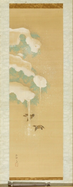 Sparrows and Snow-covered Cedar by Ikeda Koson