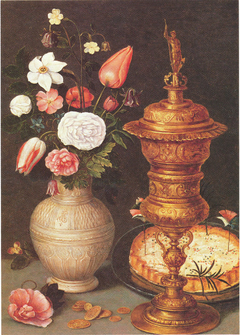 Still life of flowers in a stoneware jug, goblet and pie, circa 1615 by Clara Peeters