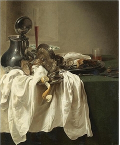 Still life with a pewter jug and an overturned tazza, a porcelain bowl, wine glass, a partly-peeled lemon on a pewter dish by Jan Jansz den Uyl