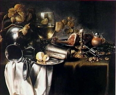 Still life with snuffed candle and tableware by Pieter Claesz