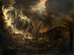 Storm at Sea with Neptune in his Chariot (and Ulysses Cast away on a Rock?) by Anonymous