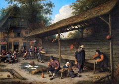 The courtyard of an inn with a game of shuffleboard by Adriaen van Ostade