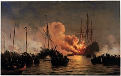 The Danish ship of the line Dannebrogen caught on fire during the battle of Køge Bugt, 1710 by Carl Neumann