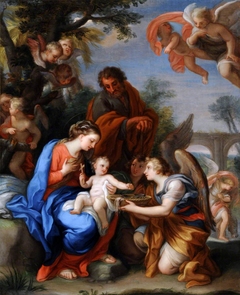 The Rest on the Flight into Egypt with Angels, one offering the Christ Child the Symbols of the Passion by Giuseppe Bartolomeo Chiari