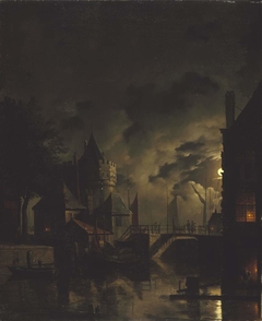 The Schreierstoren in Amsterdam by moonlight by Hendrik Gerrit ten Cate