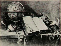 Vanitas still life with globe, books and skull by Abraham Susenier