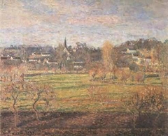 View of Bazincourt, February, Sunrise by Camille Pissarro