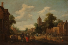 Village scene, feeding the hungry by Joost Cornelisz Droochsloot