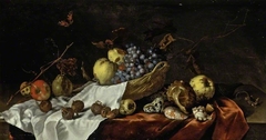 Wicker basket with fruit, medlars and shells by Balthasar van der Ast