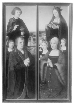 Wings of a polyptych with donors -Man with son and Saint, Woman with daughters and Saint (burned) by Adriaen Isenbrandt