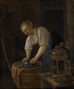 Woman scouring metalware by Jan Havicksz. Steen