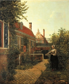 Woman with basket of beans in the kitchen garden by Pieter de Hooch